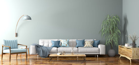 Modern interior design of apartment, living room with grey sofa, sideboard and blue armchair 3d...