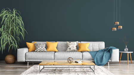 Modern interior design of apartment, living room with white sofa, home 3d renderingの写真素材