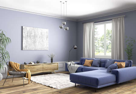 Modern interior design of scandinavian apartment, living room with blue sofa, sideboard and black armchair 3d renderingの写真素材