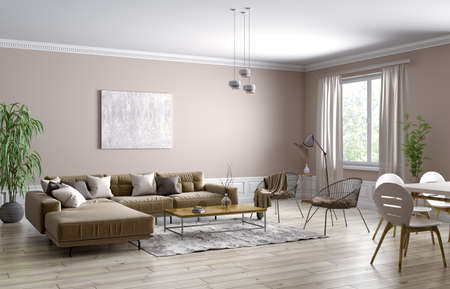 Modern interior design of scandinavian apartment, living room with brown sofa, armchairs, dining area, 3d renderingの写真素材