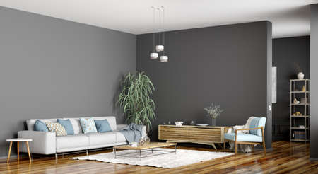Modern interior design of scandinavian apartment, living room with grey sofa, sideboard and blue armchair, home 3d renderingの写真素材