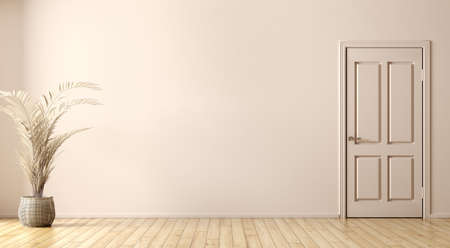 Empty room interior background, door, beige wall, vase with branch on the yellow parquet flooring 3d renderingの写真素材