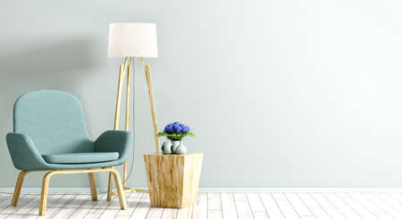 Interior background of living room with turquoise armchair, wooden coffee table, and floor lamp against light blue wall, home design 3d renderingの写真素材