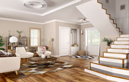 Modern interior of house, hall, living room with sofa and armchairs, home design 3d renderingの写真素材