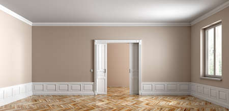 Classic interior of empty apartment, doors window, beige walls with white paneling and wooden parquet flooring 3d renderingの写真素材