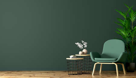 Interior of living room with coffee tables and armchair against green wall, home design 3d renderingの写真素材