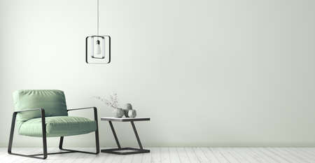 Modern interior design of living room with black white coffee table, metal lamp and green armchair 3d renderingの写真素材