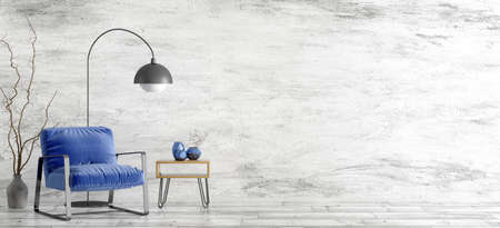 Interior of living room with coffee table and blue armchair against concrete wall, home design 3d renderingの写真素材