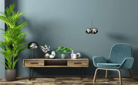 Modern interior design of living room with wooden sideboard and armchair against blue wall, home 3d renderingの写真素材
