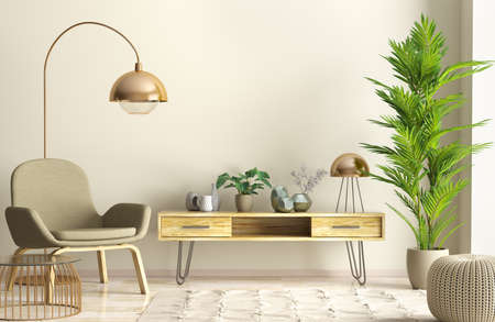 Modern interior design of living room with wooden sideboard and armchair against beige wall, home 3d renderingの写真素材