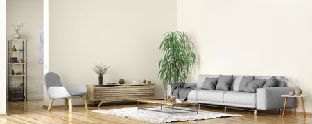 Modern interior design of scandinavian apartment, living room with gray sofa, sideboard and...