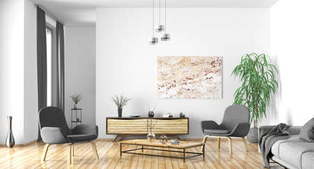 Modern interior design of scandinavian apartment, living room with gray sofa, sideboard and armchairs, home 3d renderingの写真素材