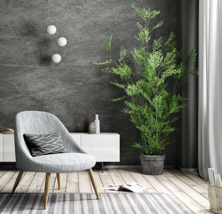 Interior of living room with gray armchair and white cabinet against black stucco wall, home design 3d renderingの写真素材