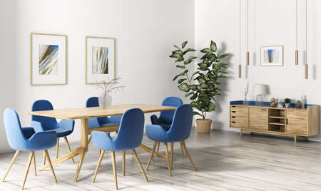 Interior design of modern dining room, wooden table and blue chairs, scandinavian home 3d renderingの写真素材