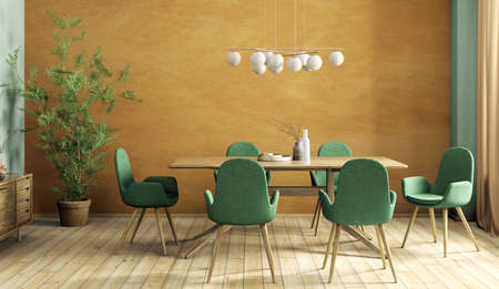 Interior design of modern dining room, wooden table and green chairs against orange stucco wall 3d renderingの写真素材