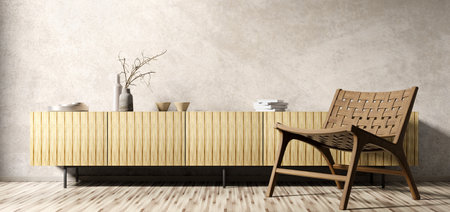 Modern interior of living room with wooden cabinet and armchair home design 3d renderingの写真素材