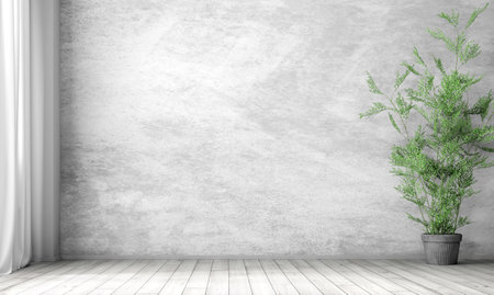 Empty room interior background, gray stucco wall and white wooden floor, pot with plant 3d renderingの写真素材