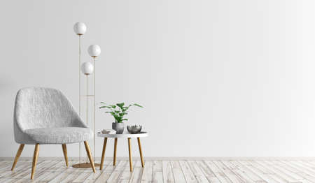 Interior of living room with wooden coffee table. Floor lamp and armchair over white wall with copy space, modern home design 3d renderingの写真素材
