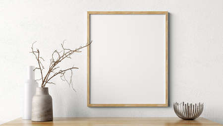 Living room decoration. Wooden mock up poster frame on white wall above the shelf. Home decor with vases. Interior background 3d renderingの写真素材