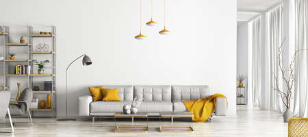 Modern interior design of apartment with big windows. Cozy living room with gray sofa, coffee tables, bookshelf and armchairs. Scandinavian home. Room decor with yellow accessories. 3d renderingの写真素材