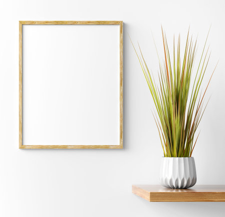 Interior design of living room with wooden shelf.  Wall decor with green grass in pot and mock up...