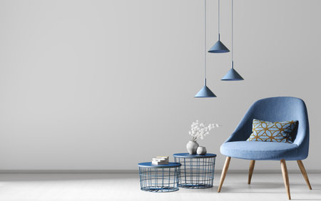 Interior of living room with coffee tables, lamps and  blue armchair over gray wall. Home design. 3d renderingの写真素材