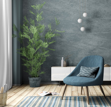 Blue armchair against of white dresser in modern living room. Cozy home interior design with blue stucco wall, window with curtain, plant and striped rug. 3d renderingの写真素材