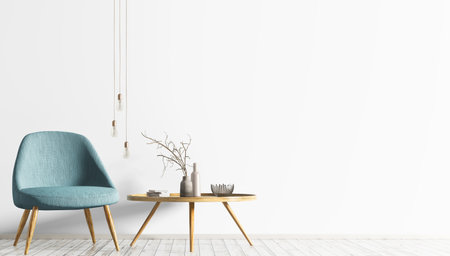 Interior of scandinavian living room with turquoise armchair and wooden coffee table. Room with white wall with copy space. Modern home design. 3d renderingの写真素材