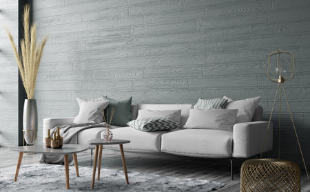Modern interior design of apartment. Cozy living room with gray sofa and coffee tables. Home. 3d renderingの写真素材