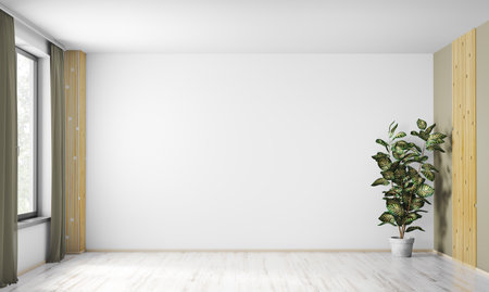 Modern interior design of empty living room. Apartment with white wall and wooden panelling, window, plant. Home background with beige floor. Wall with copy space. 3d renderingの写真素材
