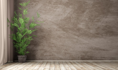 Empty room interior background, brown stucco wall, pot with plant on the wooden floor 3d renderingの写真素材
