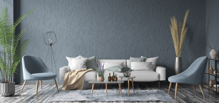 Modern interior design of apartment. Cozy living room with gray sofa, coffee tables and blue armchairs. 3d renderingの写真素材