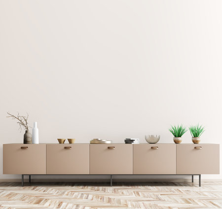 Interior design of living room with beige dresser over ecru wall.  Home decor background with accessories, vase with branch, flower pots and books. Wall with copy space. Modern home decoration. 3d renderingの写真素材