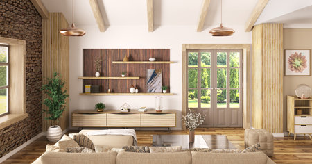 Modern interior of house, living room with beige sofa, door, window, home design 3d renderingの写真素材