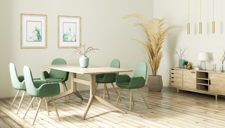 Interior design of modern dining room, wooden table and green chairs, scandinavian home 3d renderingの写真素材