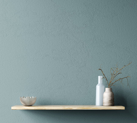 Interior design of living room with wooden shelf and home accessories.  Wall decor with branch in vase. Turquoise wall with copy space. Modern home decoration. Background template. 3d renderingの写真素材
