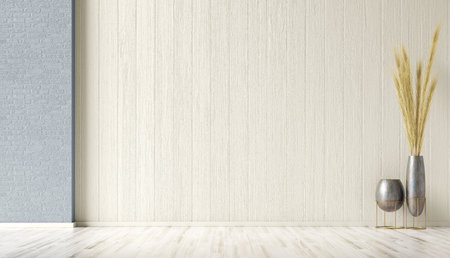 Empty room interior background, blue and beige stucco, brick wall with copy space and wooden floor, pots with pampas grass 3d renderingの写真素材