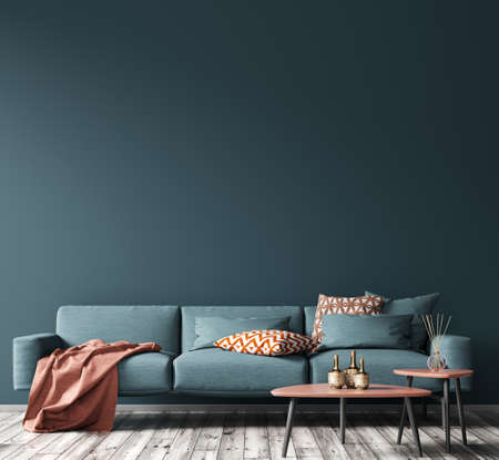 Modern interior design of living room. Blue sofa, and wooden coffee tables over empty wall with copy space. Home design. 3d renderingの写真素材