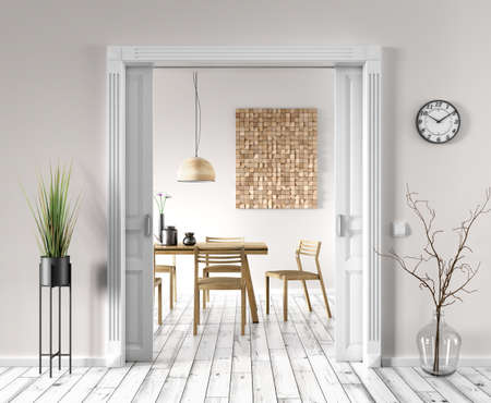 Interior of living room with beige wall and white door to the modern dining room, wooden table and chair, wooden decor on the wall. Contemporary home design. 3d renderingの写真素材