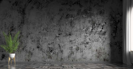 Empty living room interior background,  grunge black concrete stucco wall,  window. Wooden parquet floor, pot with plant 3d renderingの写真素材