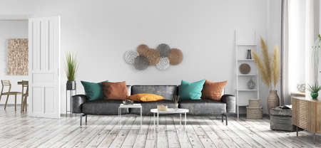 Modern interior design of living room with black leather sofa, apartment with white wall, window and door, home design 3d renderingの写真素材