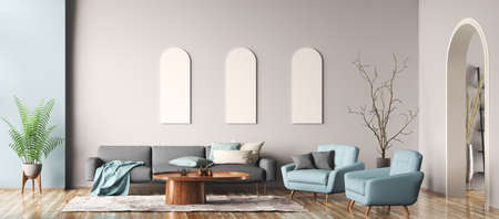 Modern interior design of cozy apartment with beige wall, arch door, living room with gray sofa and blue armchairs. Home design. Panorama 3d renderingの写真素材