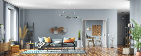Modern interior design of scandinavian apartment, living room with blue sofa, dining room and hall. Home design. Panorama 3d renderingの写真素材