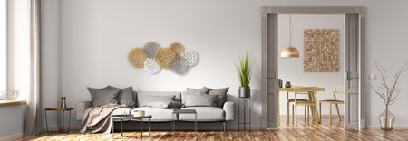 Modern interior design of cozy apartment with white wall, window and door, living room with gray...