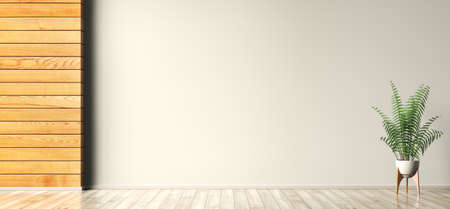 Empty room interior background,wooden paneling, wall with copy space and beige wooden floor, pot with plant 3d renderingの写真素材