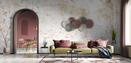 Modern interior design of living room with yellow sofa, apartment with concrete stucco wall and arch door, home design 3d renderingの写真素材