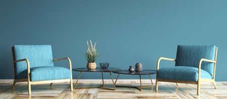 Interior design of modern living room with set of two coffee tables, blue armchairs, home design 3d renderingの写真素材