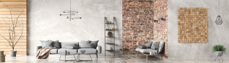 Modern interior design of loft apartment, living room with gray sofa. Home design with brick and stucco walls. Panorama. 3d renderingの写真素材