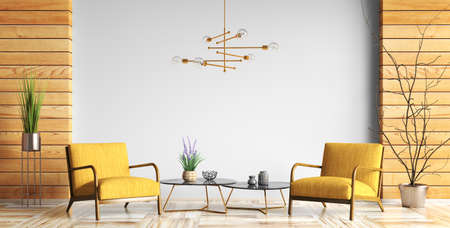 Interior design of living room with coffee tables, chandelier and two yellow armchairs over the gray wall with wooden panelling, home design 3d renderingの写真素材