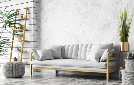 Interior design of modern living room with white sofa over the stucco concrete mockup wall with wooden panelling, home design 3d renderingの写真素材